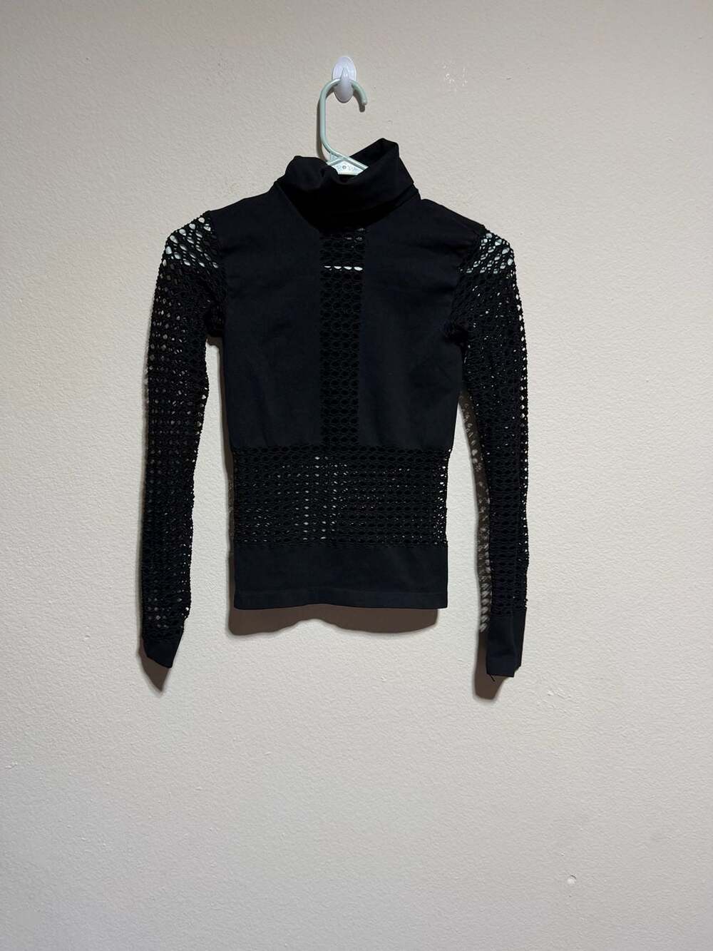 bebe Black Mock Neck Long Sleeve Mesh Cutout Top Size S/M